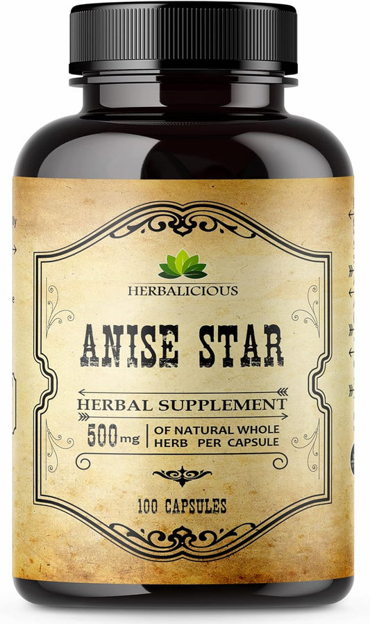 100 Capsules of Herbalicious Star Anise Dietary Supplement for Immune Strength and Antioxidant Richness - Natural 1000mg Formula for Men and Women with No Fillers or Preservatives