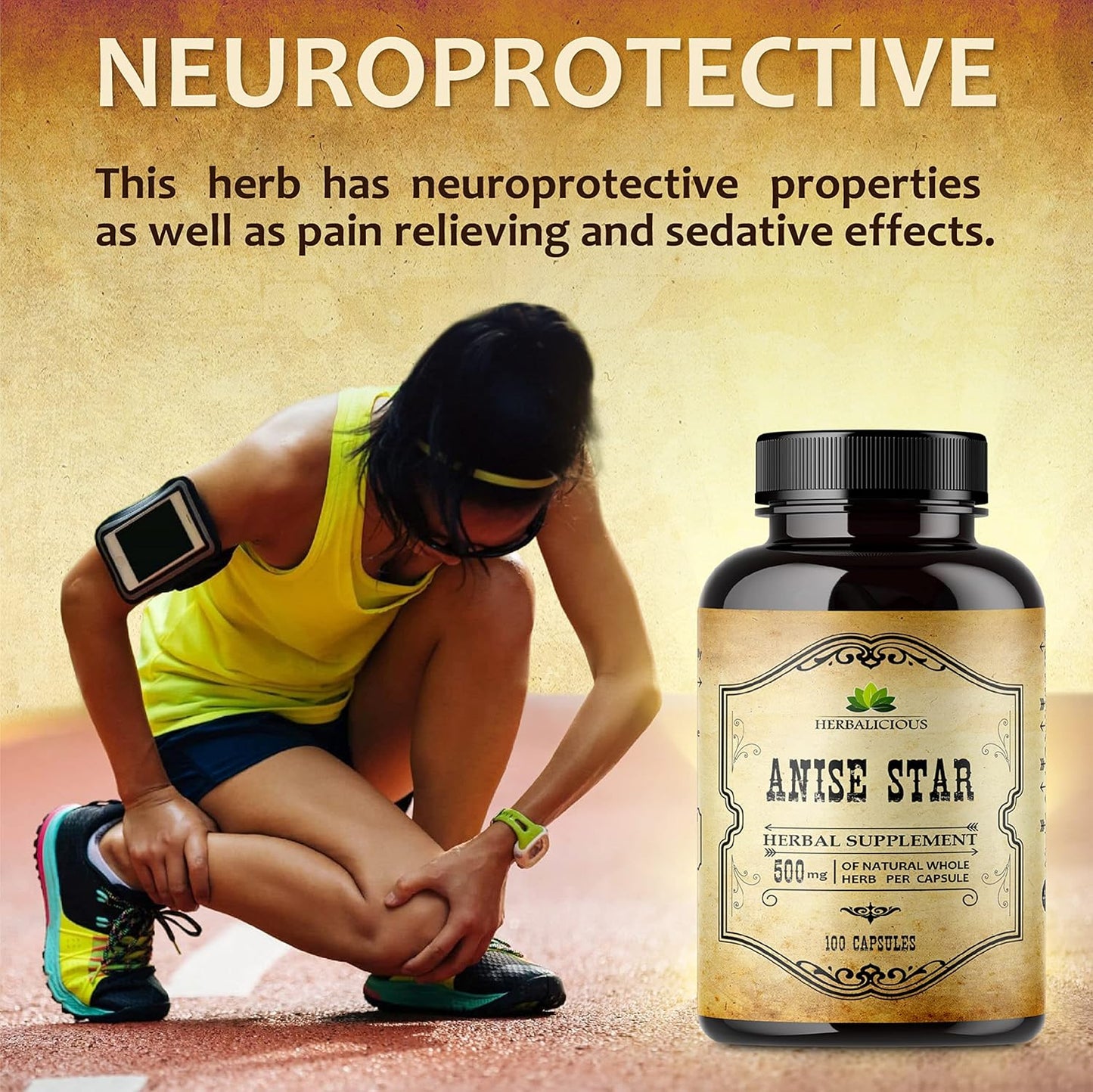 100 Capsules of Herbalicious Star Anise Dietary Supplement for Immune Strength and Antioxidant Richness - Natural 1000mg Formula for Men and Women with No Fillers or Preservatives