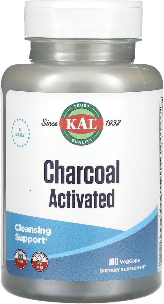 100 Capsules of KAL Charcoal Supplement with 280 mg Strength for Digestive Health