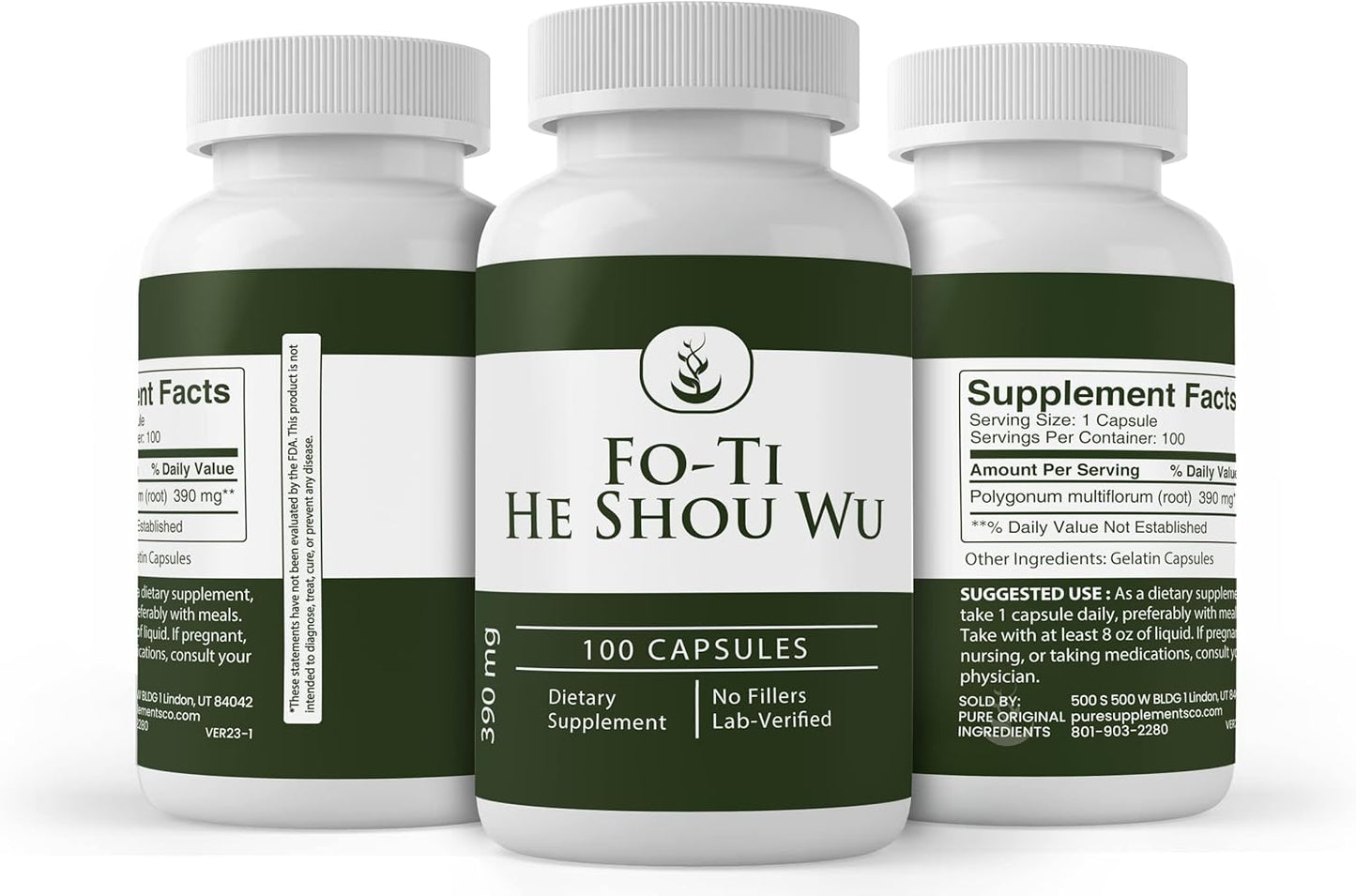 100 Capsules of Lab Verified Fo-Ti (He Shou Wu) with Pure Original Ingredients, No Additives or Fillers