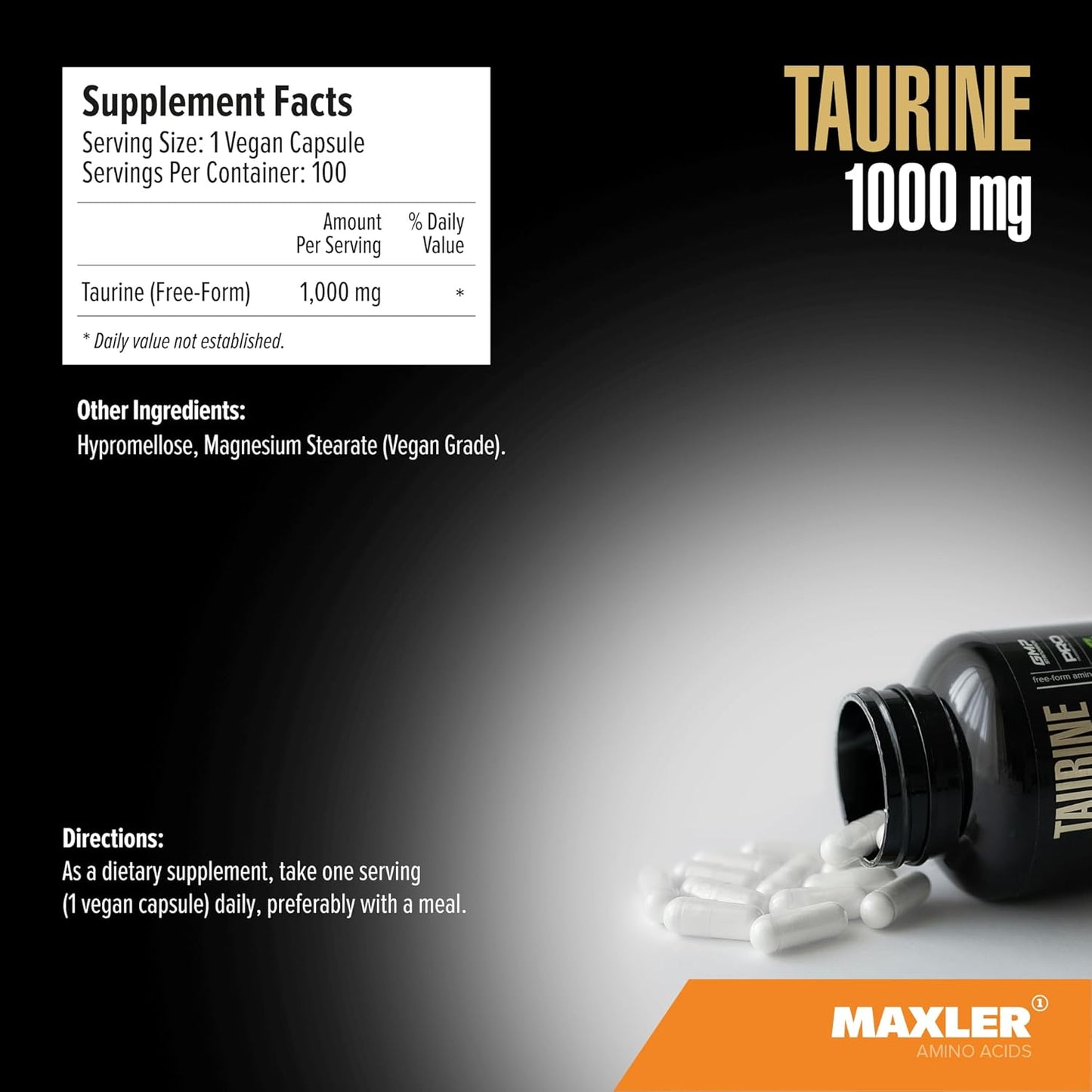100 Capsules of Maxler Taurine 1000mg Amino Acid Supplement - Gluten Free Vegan Formula