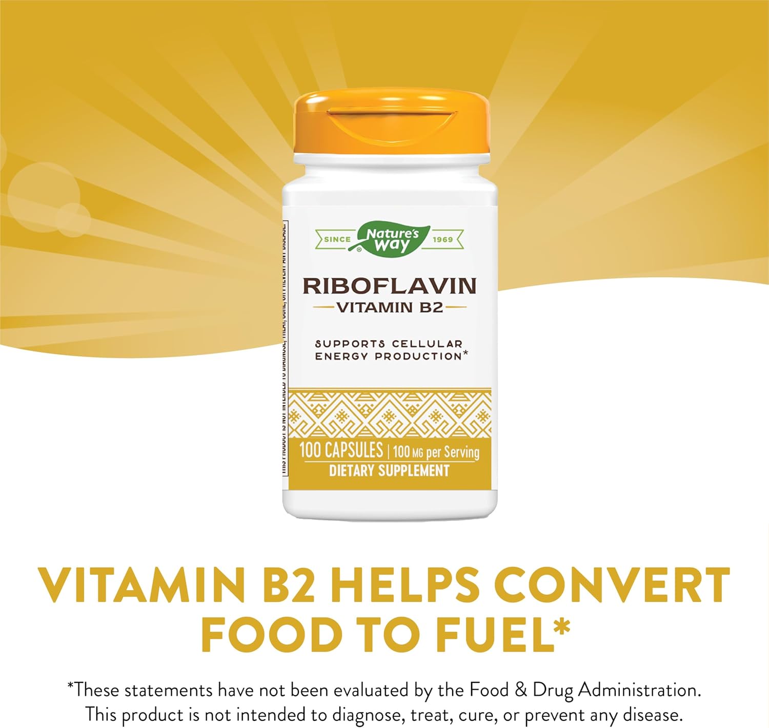 100 Capsules of Nature's Way Riboflavin Vitamin B2, 100mg per Serving for Cellular Energy Production - Pack of 2