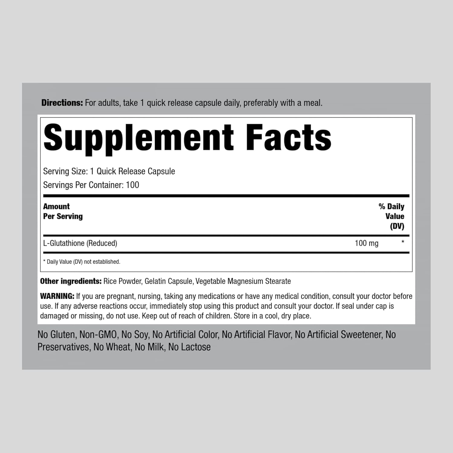 100 Capsules of Piping Rock L Glutathione Supplement - 100mg Reduced Form, Non-GMO, Gluten Free