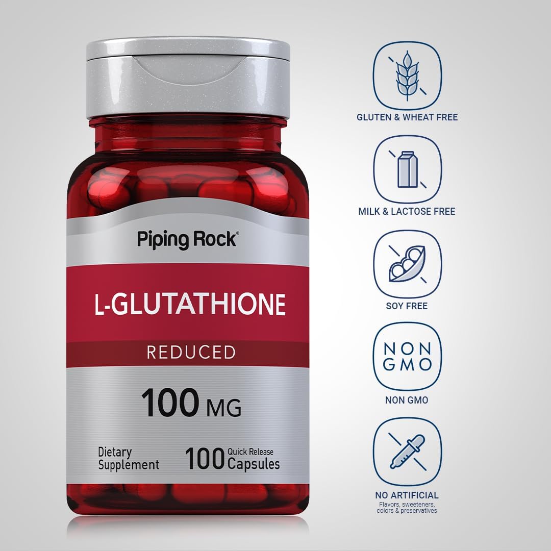 100 Capsules of Piping Rock L Glutathione Supplement - 100mg Reduced Form, Non-GMO, Gluten Free