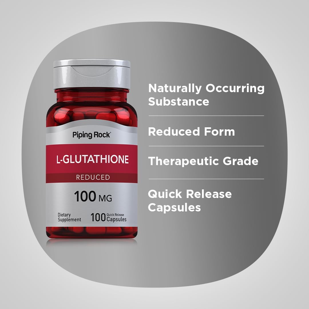 100 Capsules of Piping Rock L Glutathione Supplement - 100mg Reduced Form, Non-GMO, Gluten Free