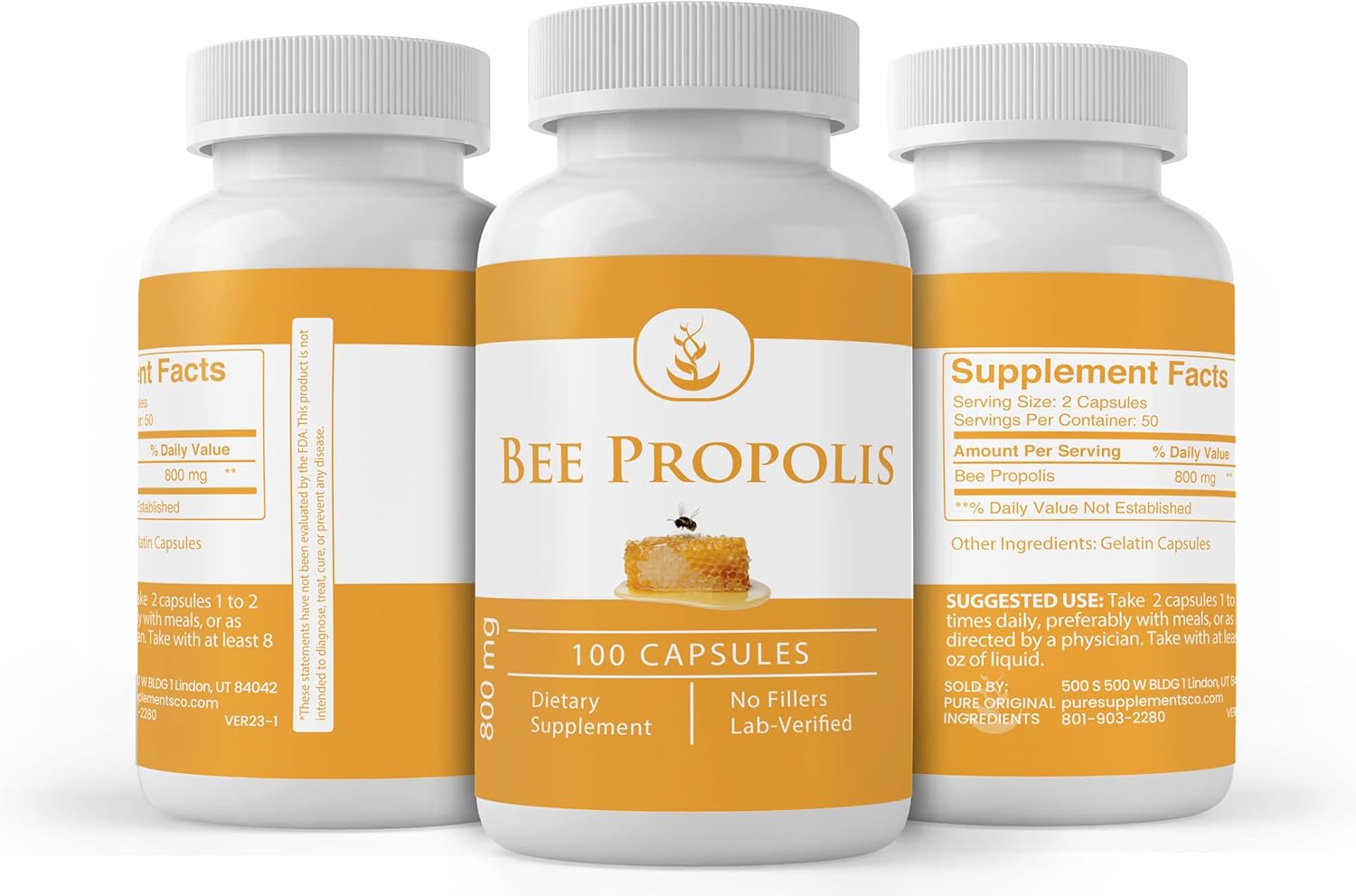 100 Capsules of Pure Bee Propolis with Original Ingredients, Lab Verified, No Additives or Fillers - Always Pure
