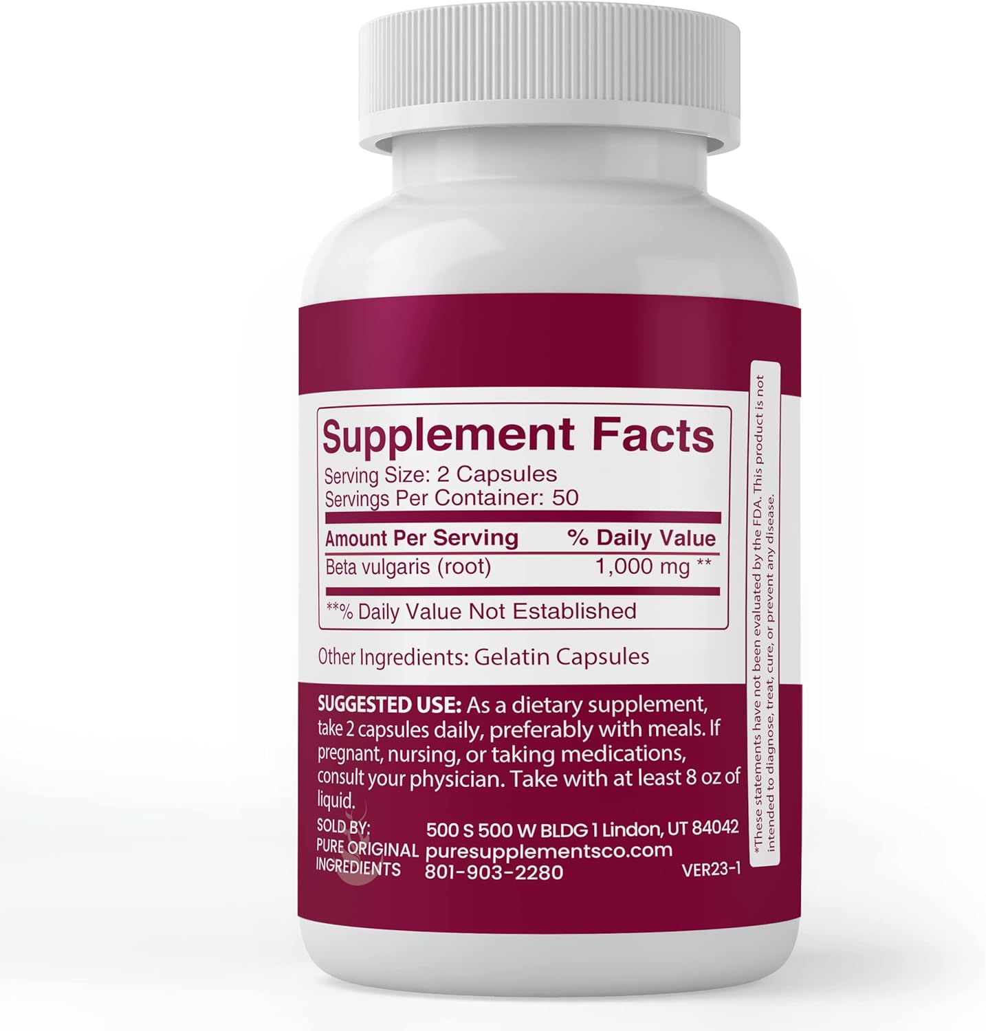 100 Capsules of Pure Beet Root - Original Ingredients, Lab Verified, No Additives or Fillers