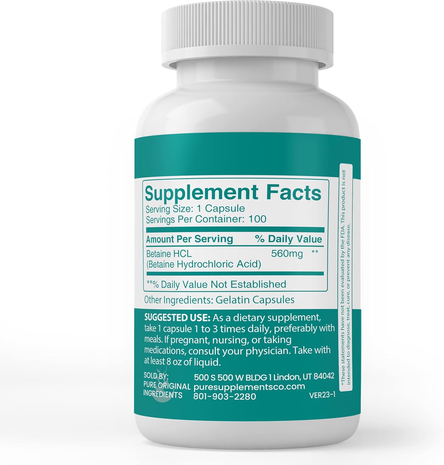 100 Capsules of Pure Betaine HCL with Original Ingredients - Lab Verified, No Additives or Fillers