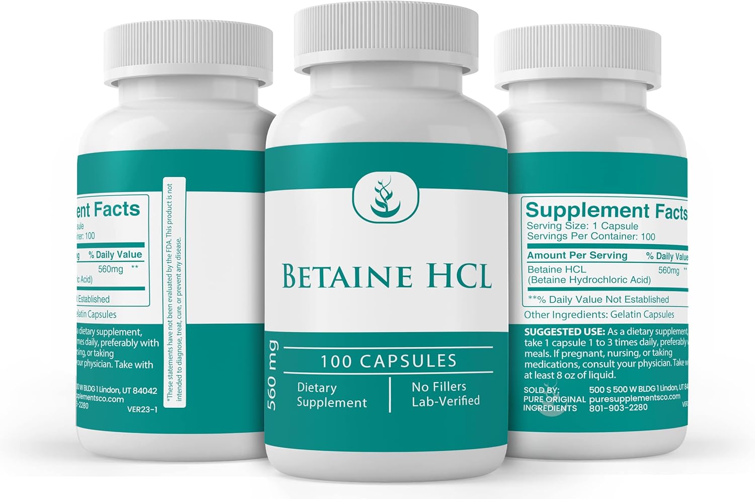 100 Capsules of Pure Betaine HCL with Original Ingredients - Lab Verified, No Additives or Fillers