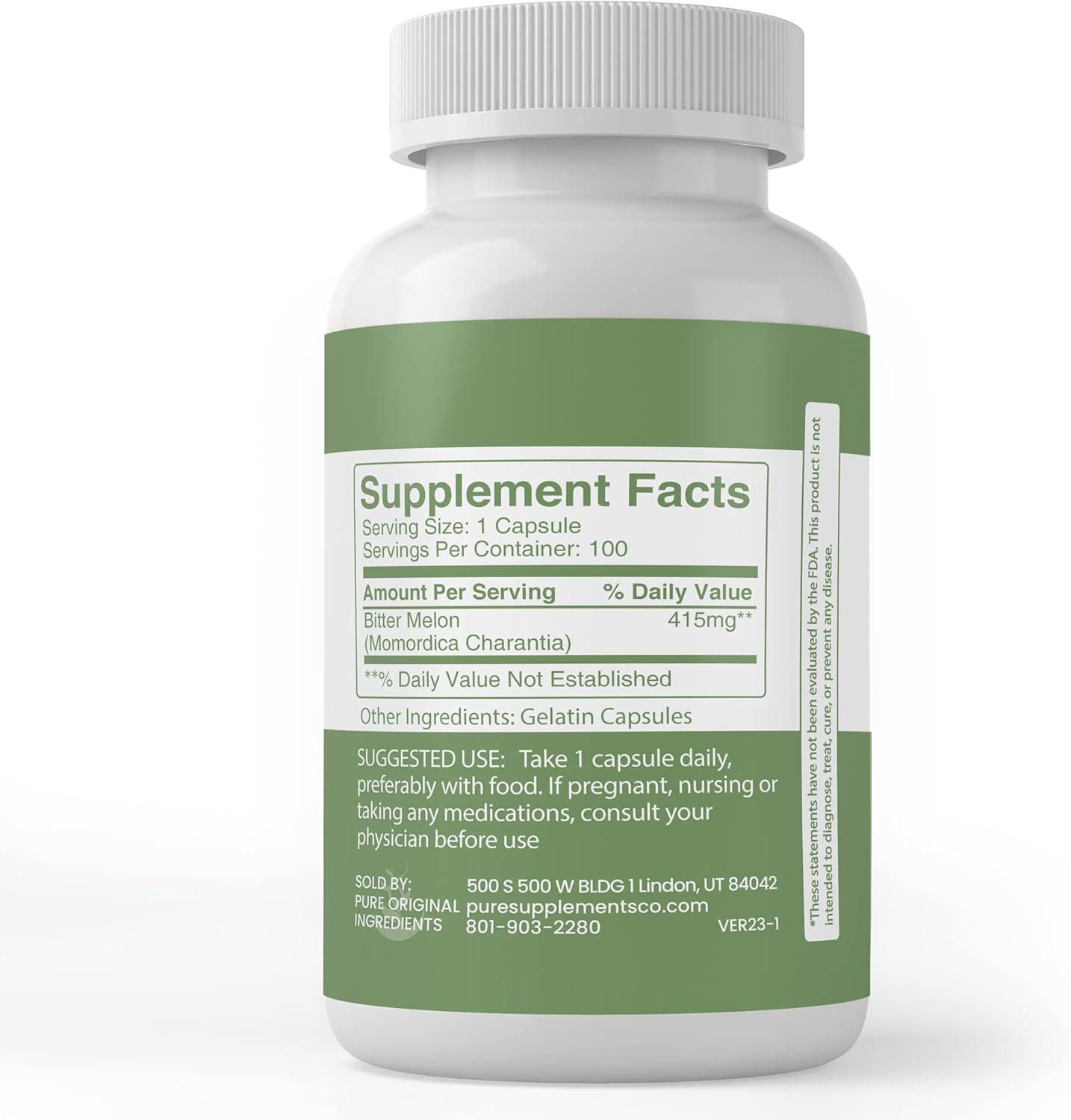 100 Capsules of Pure Bitter Melon Extract - Original Ingredients, Lab Verified, No Additives or Fillers