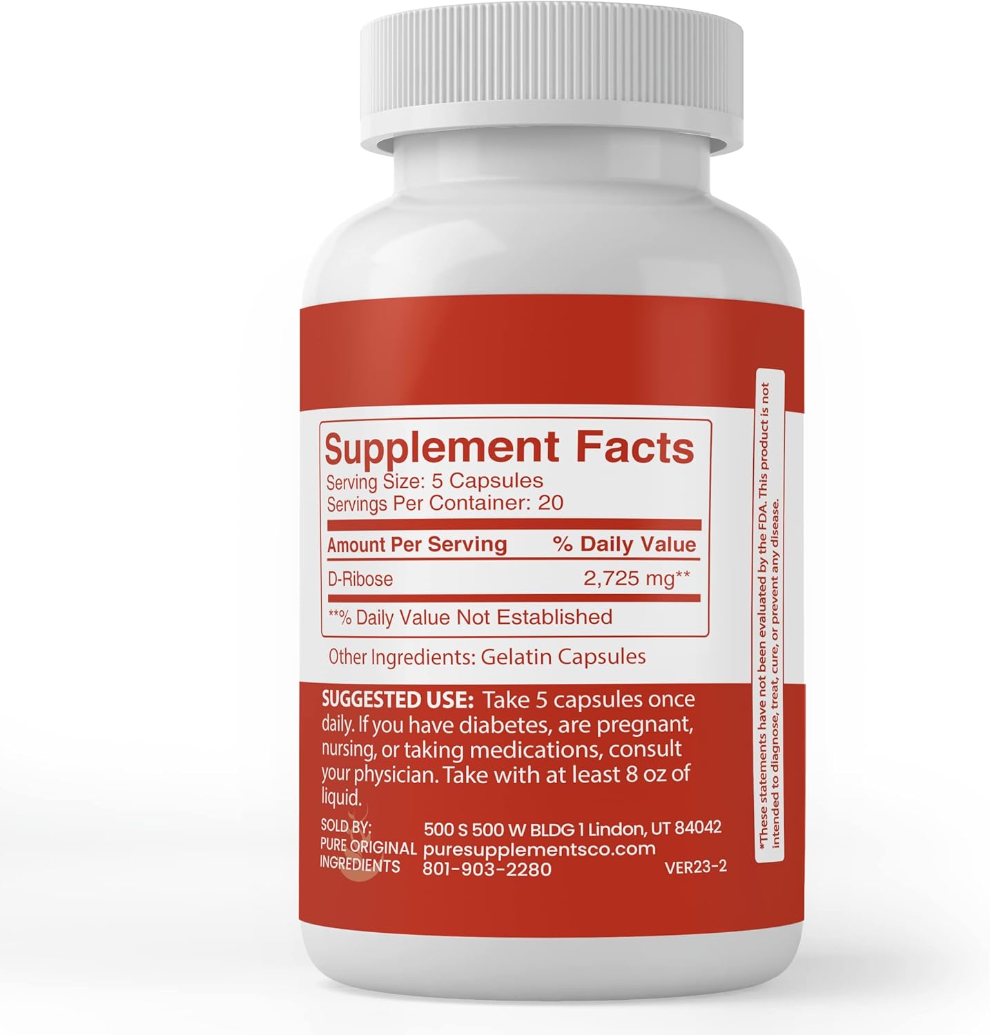 100 Capsules of Pure D-Ribose with Original Ingredients, No Additives or Fillers - Lab Verified