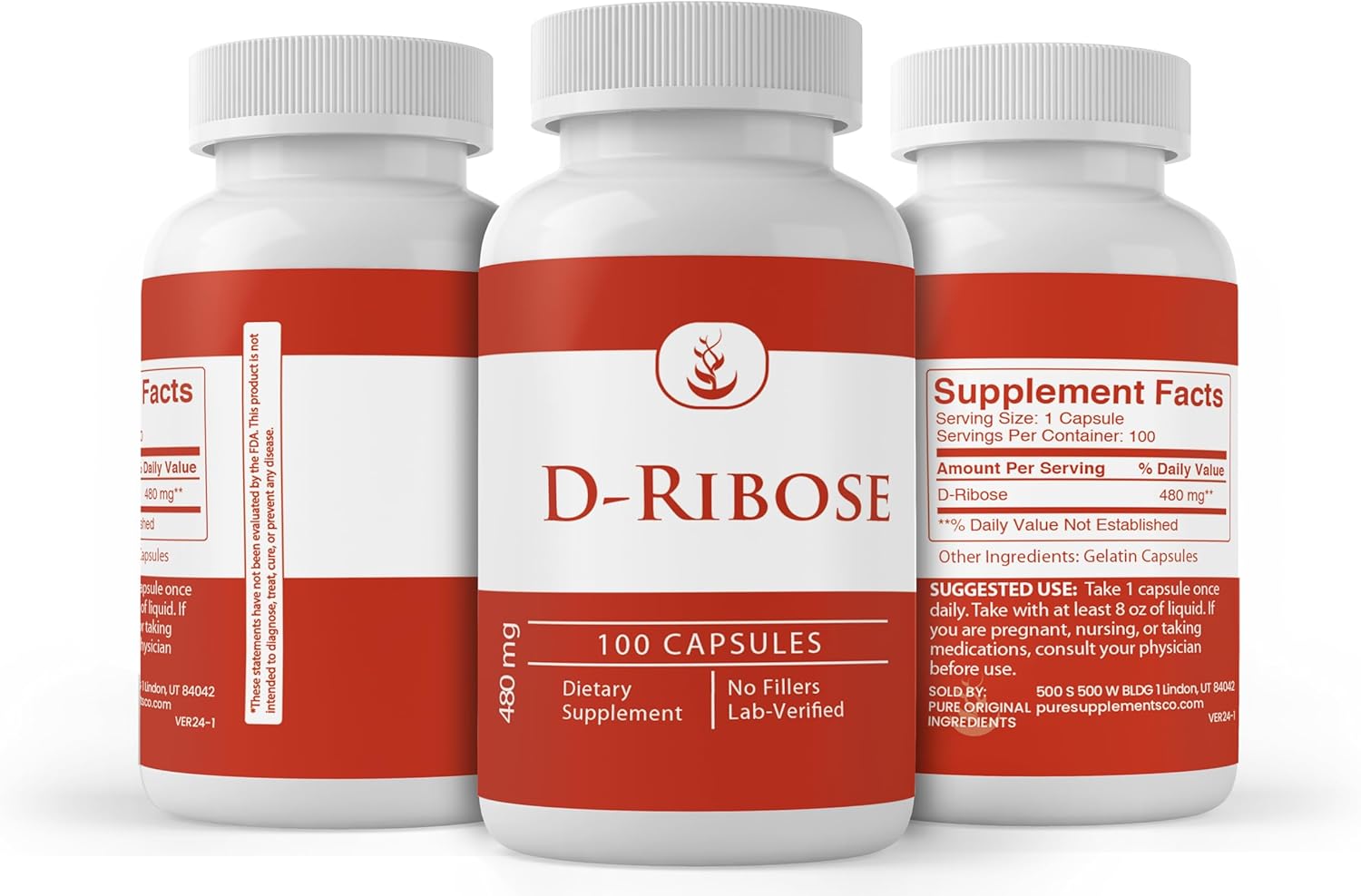 100 Capsules of Pure D-Ribose with Original Ingredients, No Additives or Fillers - Lab Verified