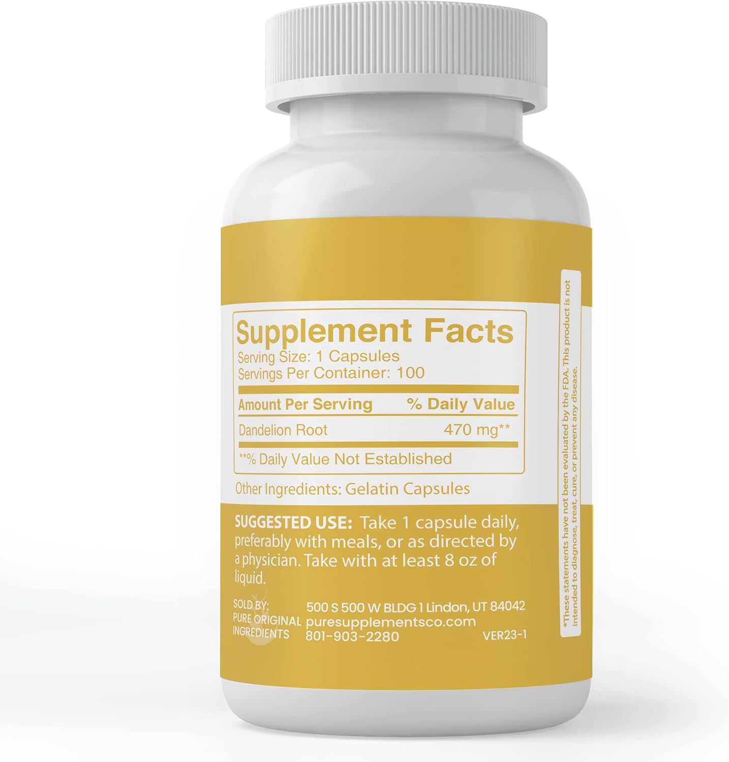 100 Capsules of Pure Dandelion Root with Original Ingredients - No Additives or Fillers, Lab Verified Quality