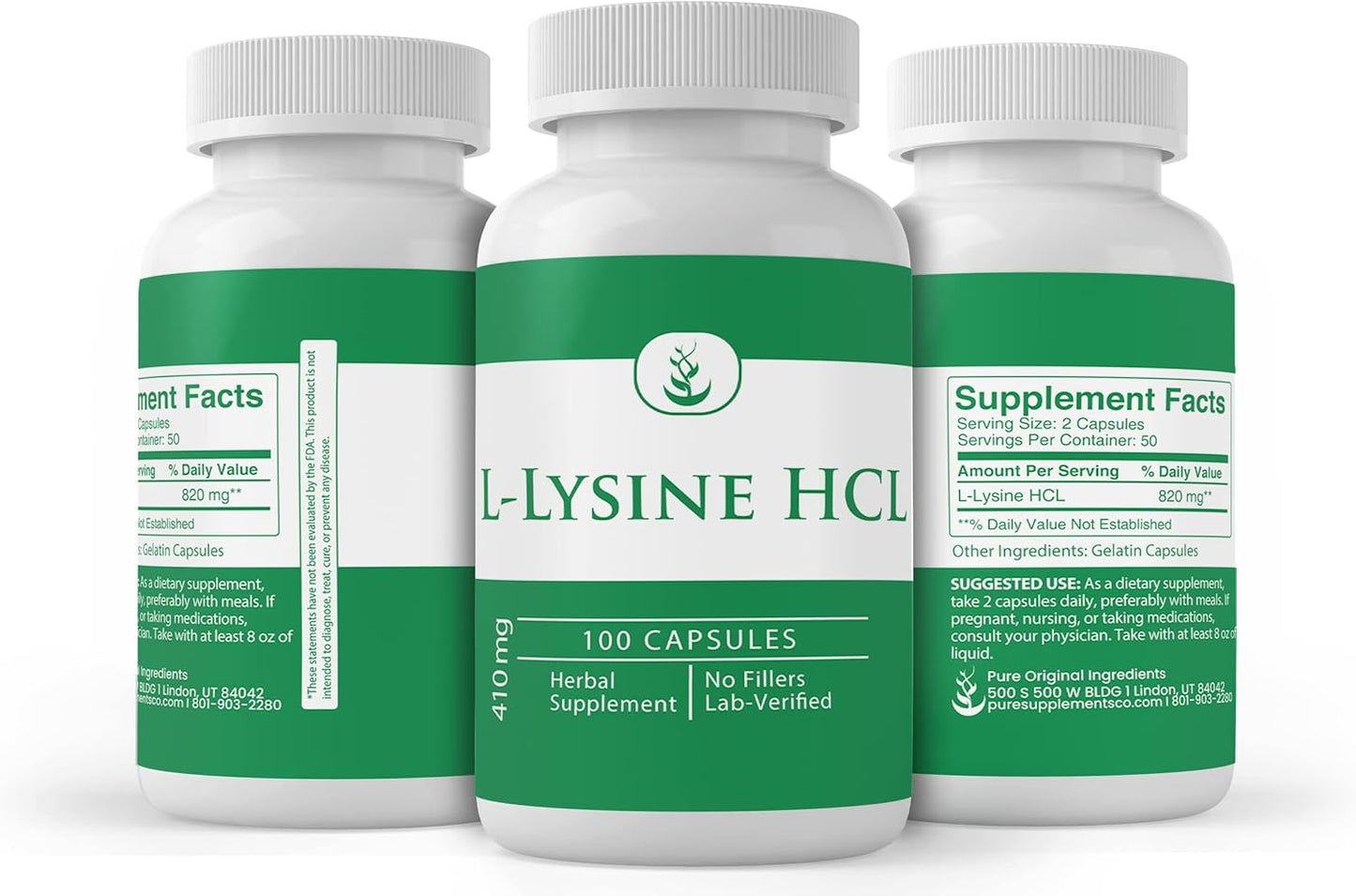 100 Capsules of Pure L-Lysine HCL with Lab Verified Ingredients, No Additives or Fillers