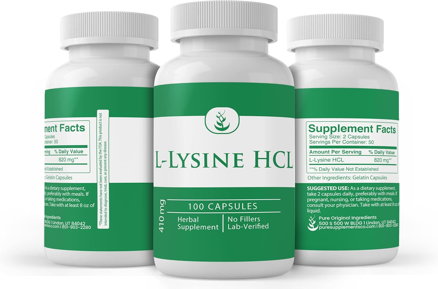 100 Capsules of Pure L-Lysine HCL with Lab Verified Ingredients, No Additives or Fillers