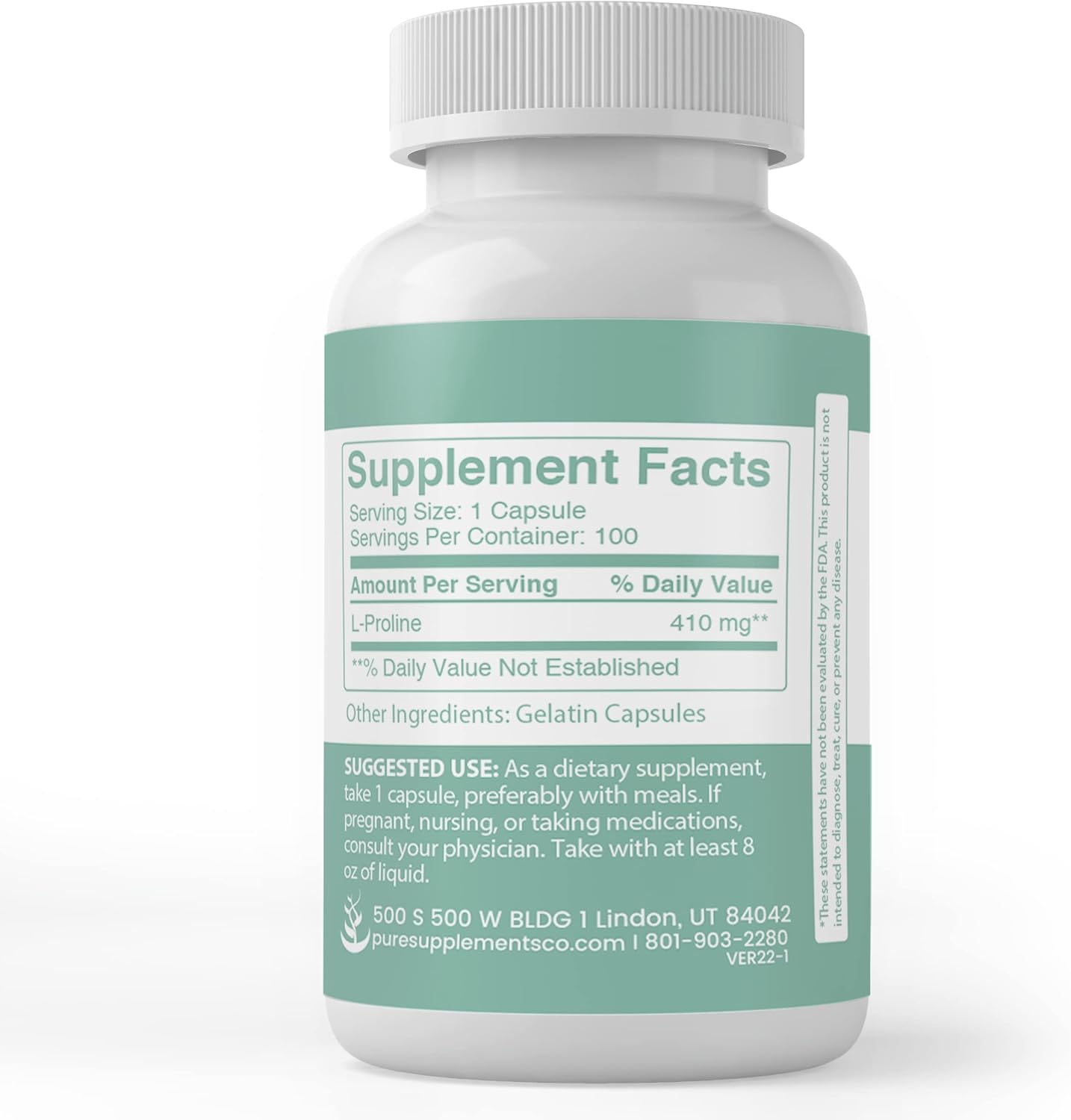 100 Capsules of Pure L-Proline Supplement - Original Ingredients, Lab Verified, No Additives