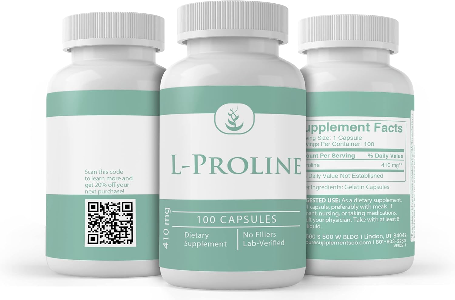 100 Capsules of Pure L-Proline Supplement - Original Ingredients, Lab Verified, No Additives