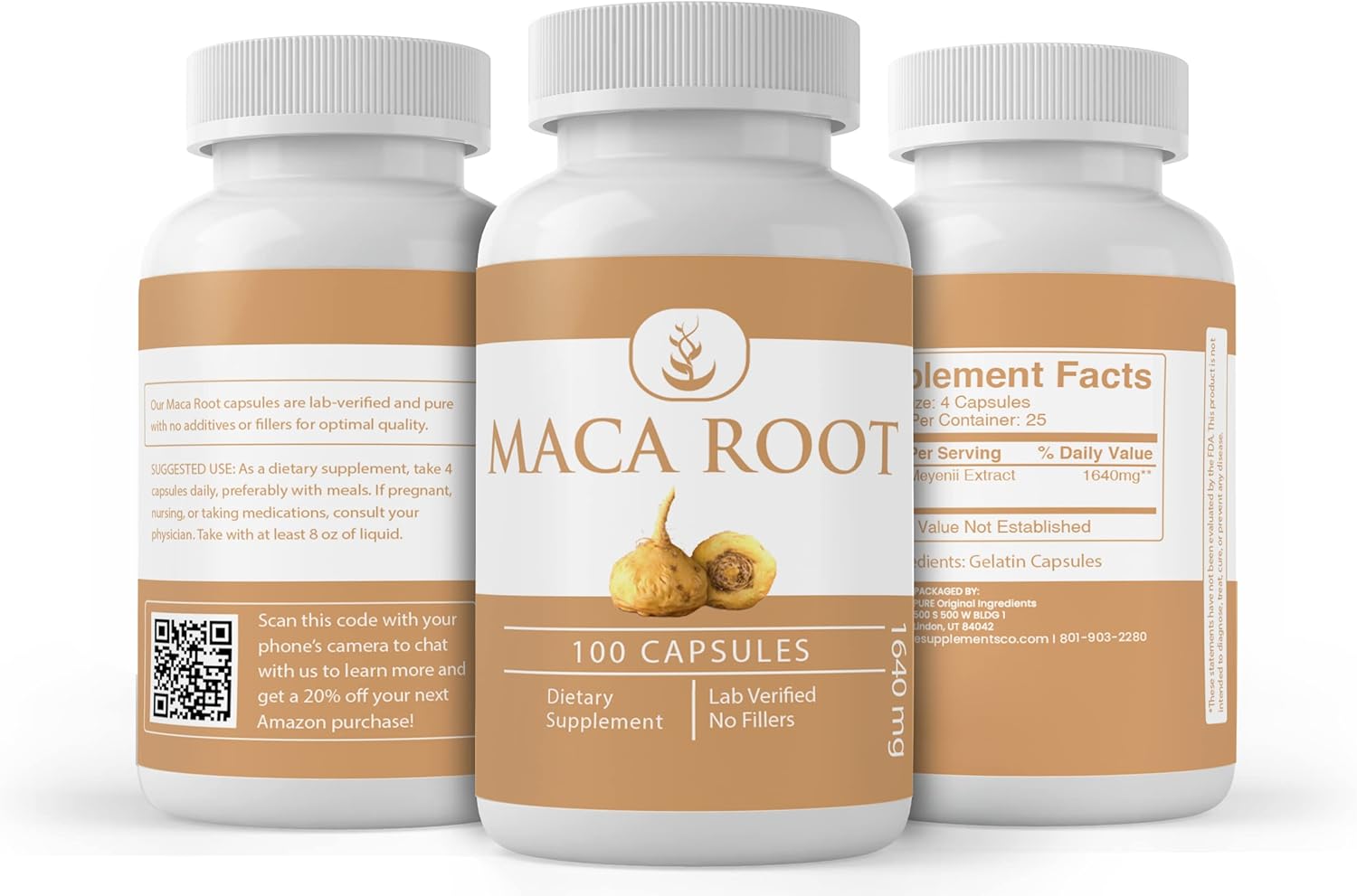 100 Capsules of Pure Maca Root - Original Ingredients, Lab Verified, No Additives or Fillers