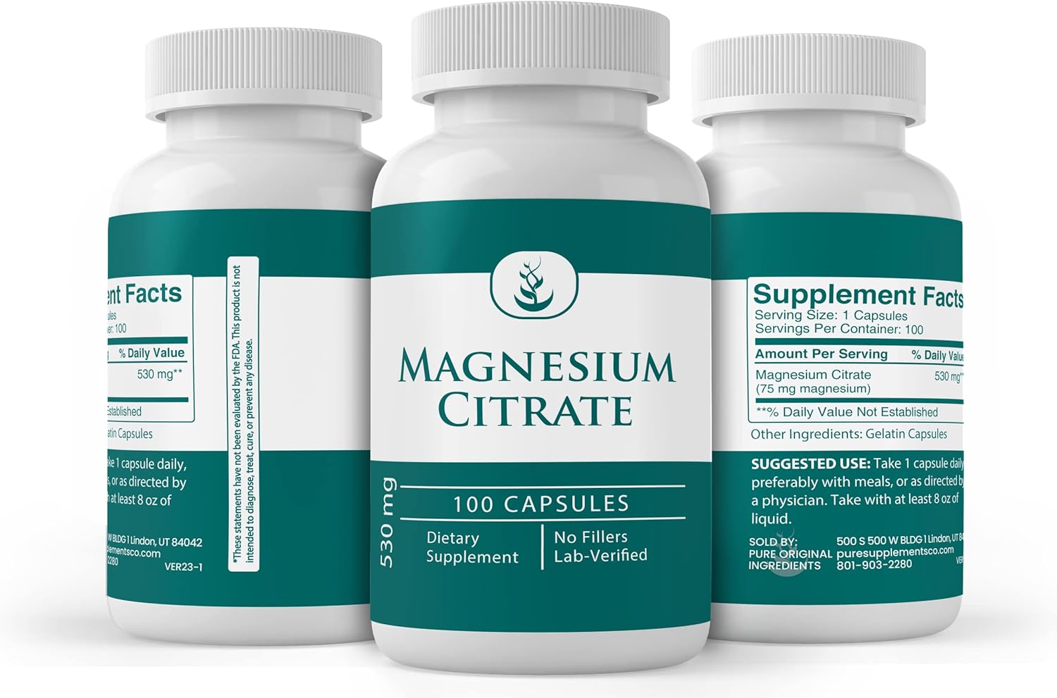 100 Capsules of Pure Magnesium Citrate with Original Ingredients, Lab Verified - No Additives or Fillers Included