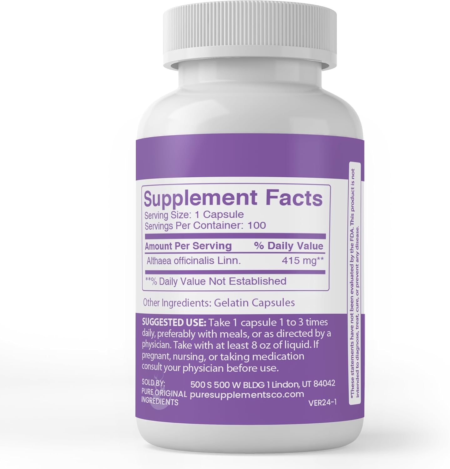 100 Capsules of Pure Marshmallow Root - Lab Verified, No Additives or Fillers - Always Pure Ingredients