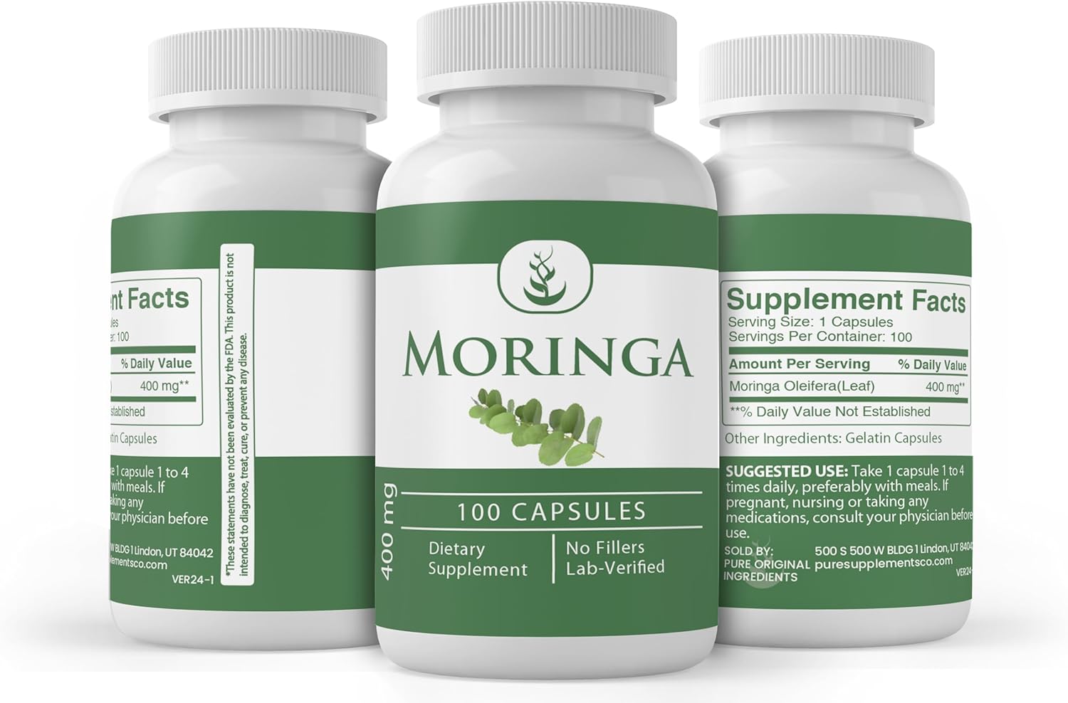100 Capsules of Pure Moringa Oleifera with Original Ingredients, Lab Verified - No Additives or Fillers