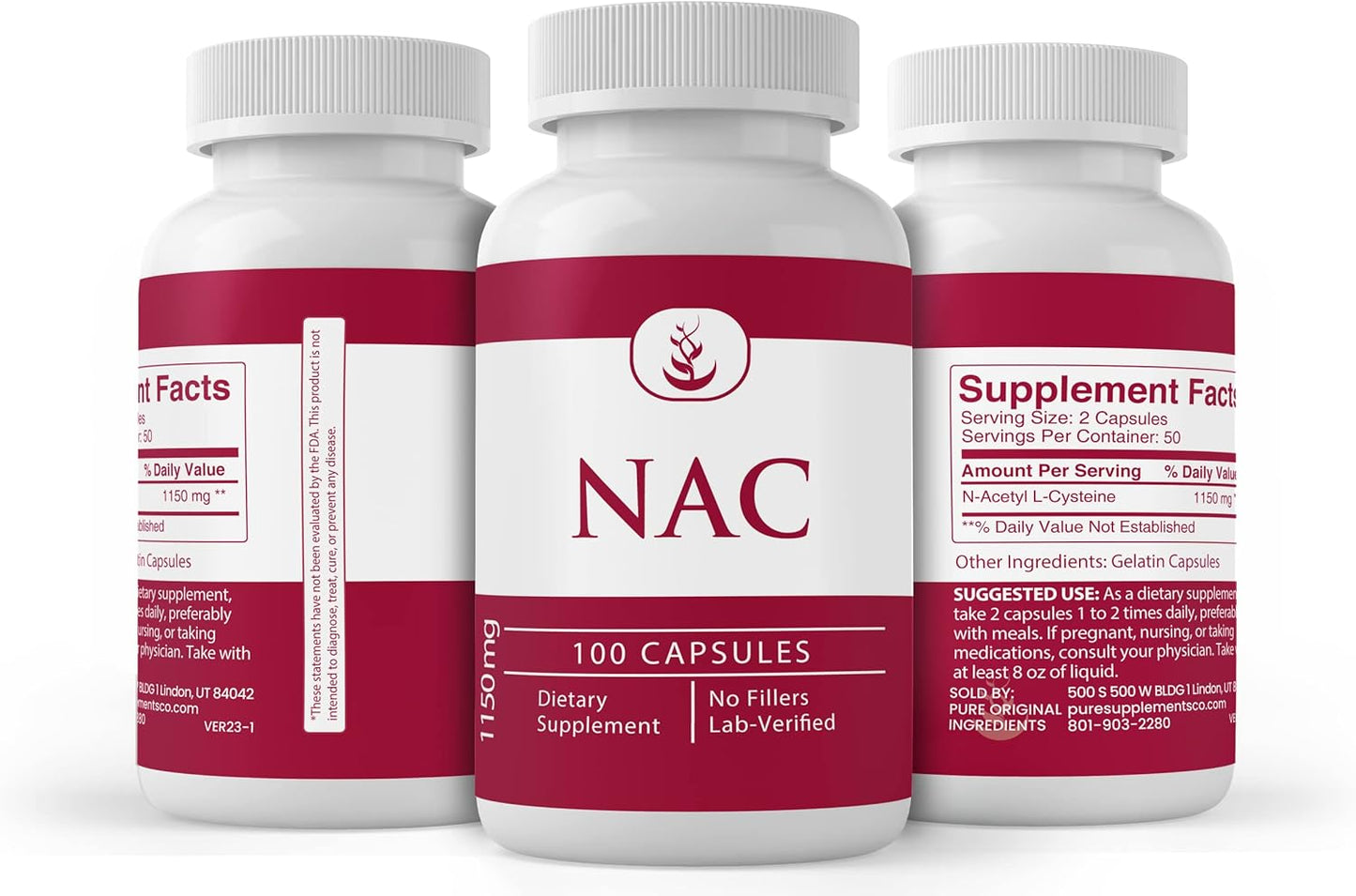 100 Capsules of Pure N-Acetyl L-Cysteine NAC - Lab Verified, No Additives or Fillers