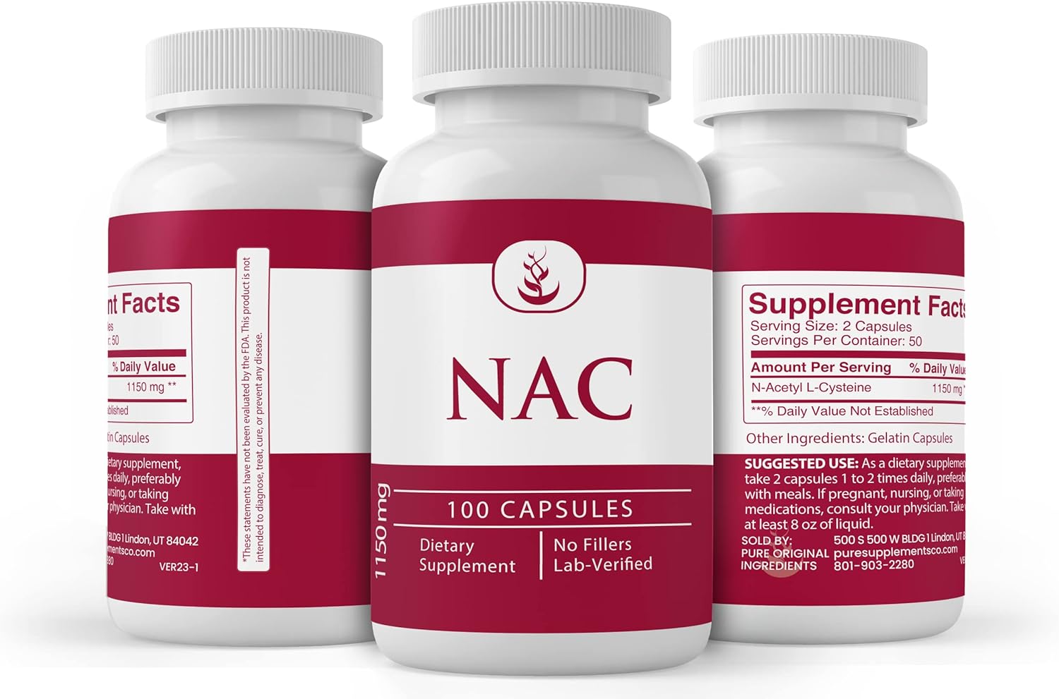 100 Capsules of Pure N-Acetyl L-Cysteine NAC - Lab Verified, No Additives or Fillers