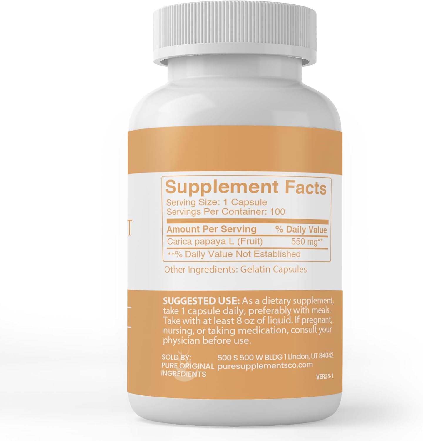 100 Capsules of Pure Papaya Extract - Lab Verified, No Additives or Fillers