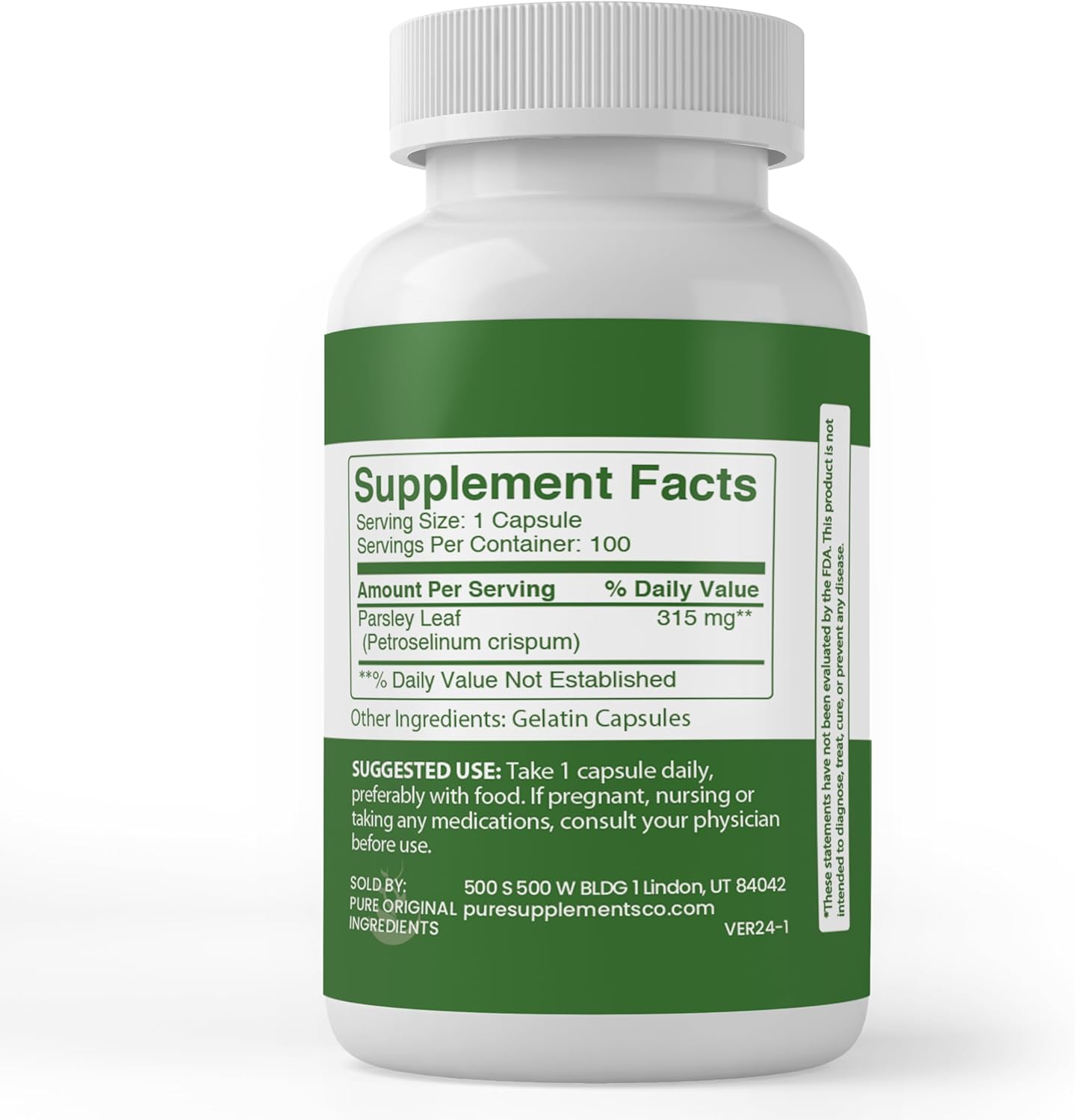 100 Capsules of Pure Parsley, No Additives or Fillers, Lab Verified