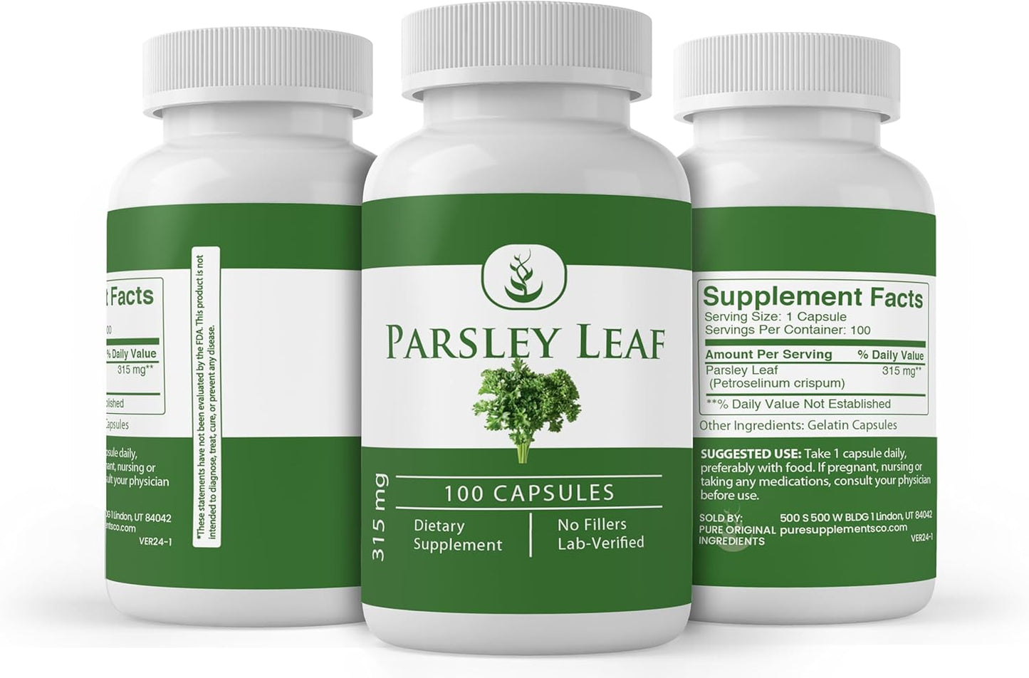 100 Capsules of Pure Parsley, No Additives or Fillers, Lab Verified