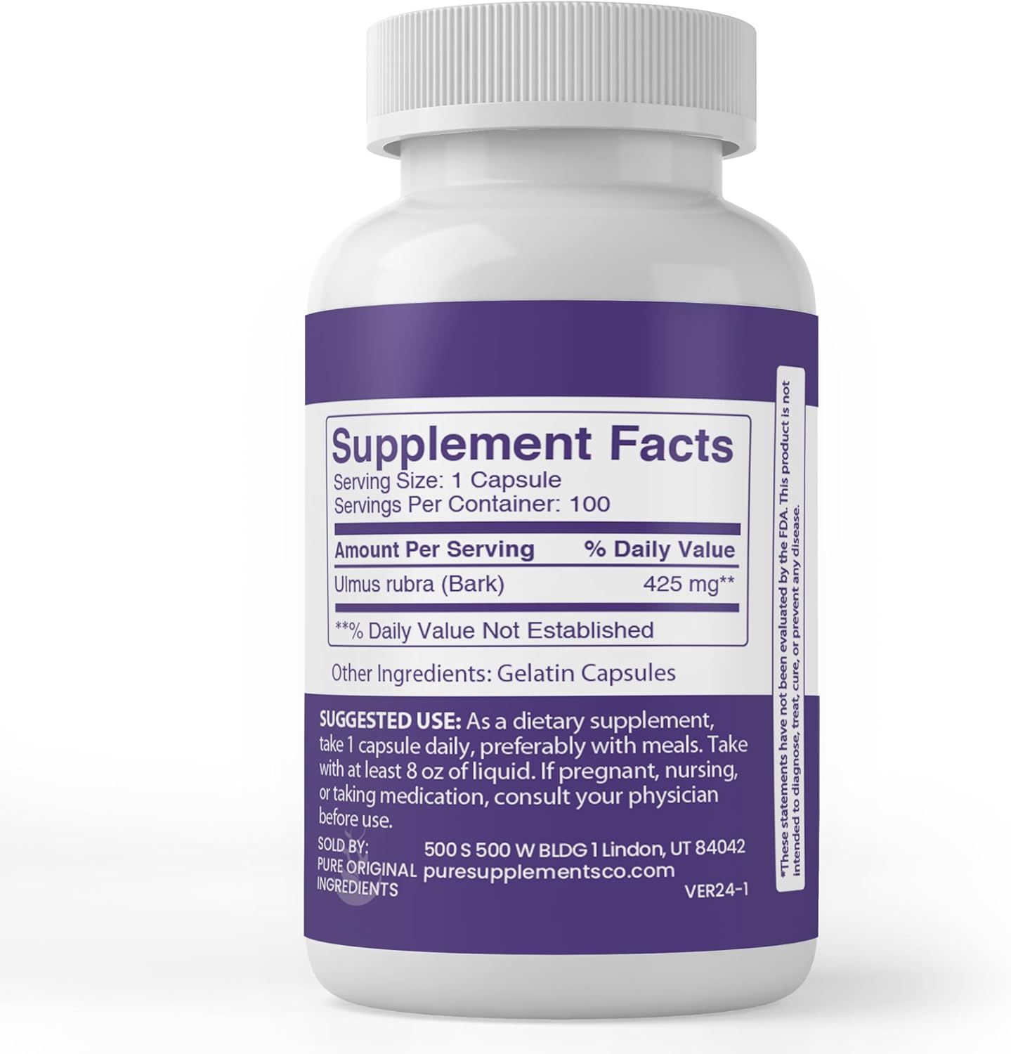 100 Capsules of Pure Slippery Elm Powder - Original Ingredients, No Additives or Fillers, Lab Verified