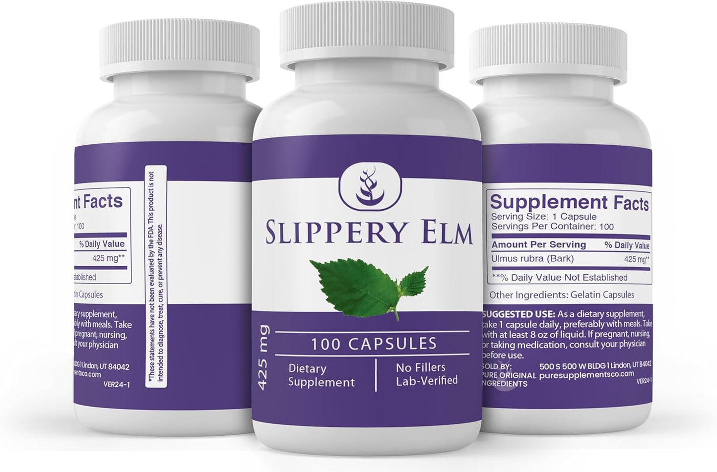 100 Capsules of Pure Slippery Elm Powder - Original Ingredients, No Additives or Fillers, Lab Verified