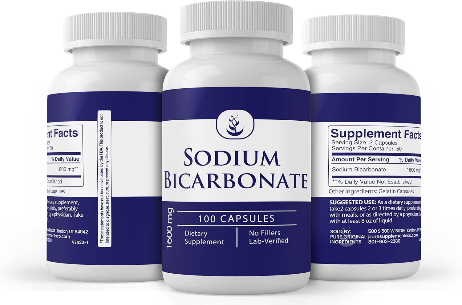 100 Capsules of Pure Sodium Bicarbonate Made with Original Ingredients