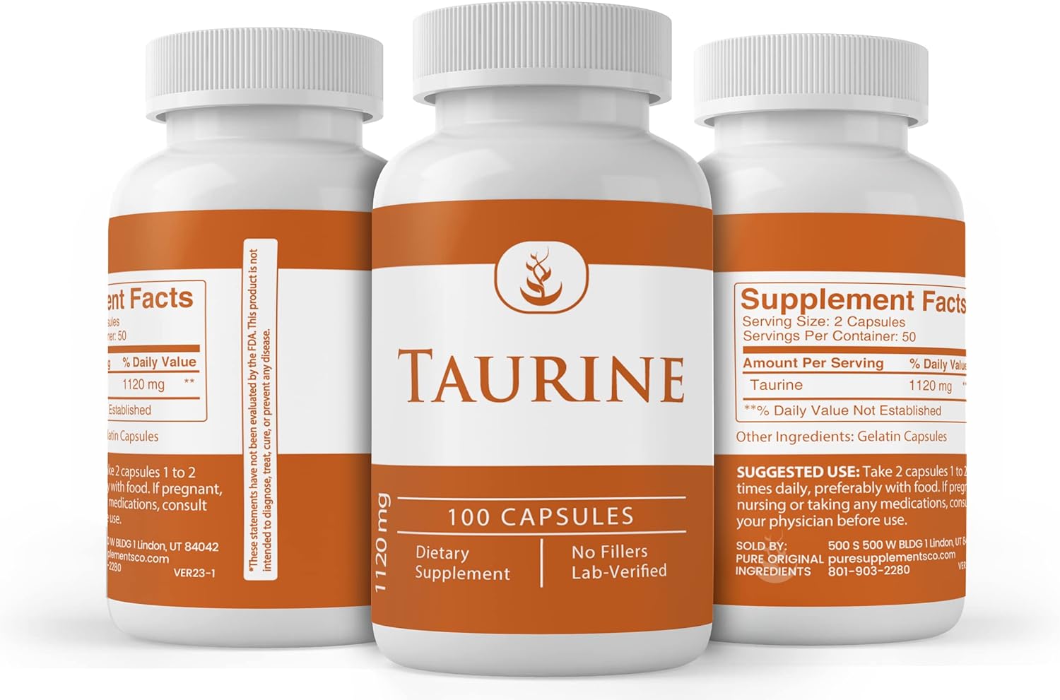 100 Capsules of Pure Taurine with Original Ingredients, Lab Verified, No Additives or Fillers