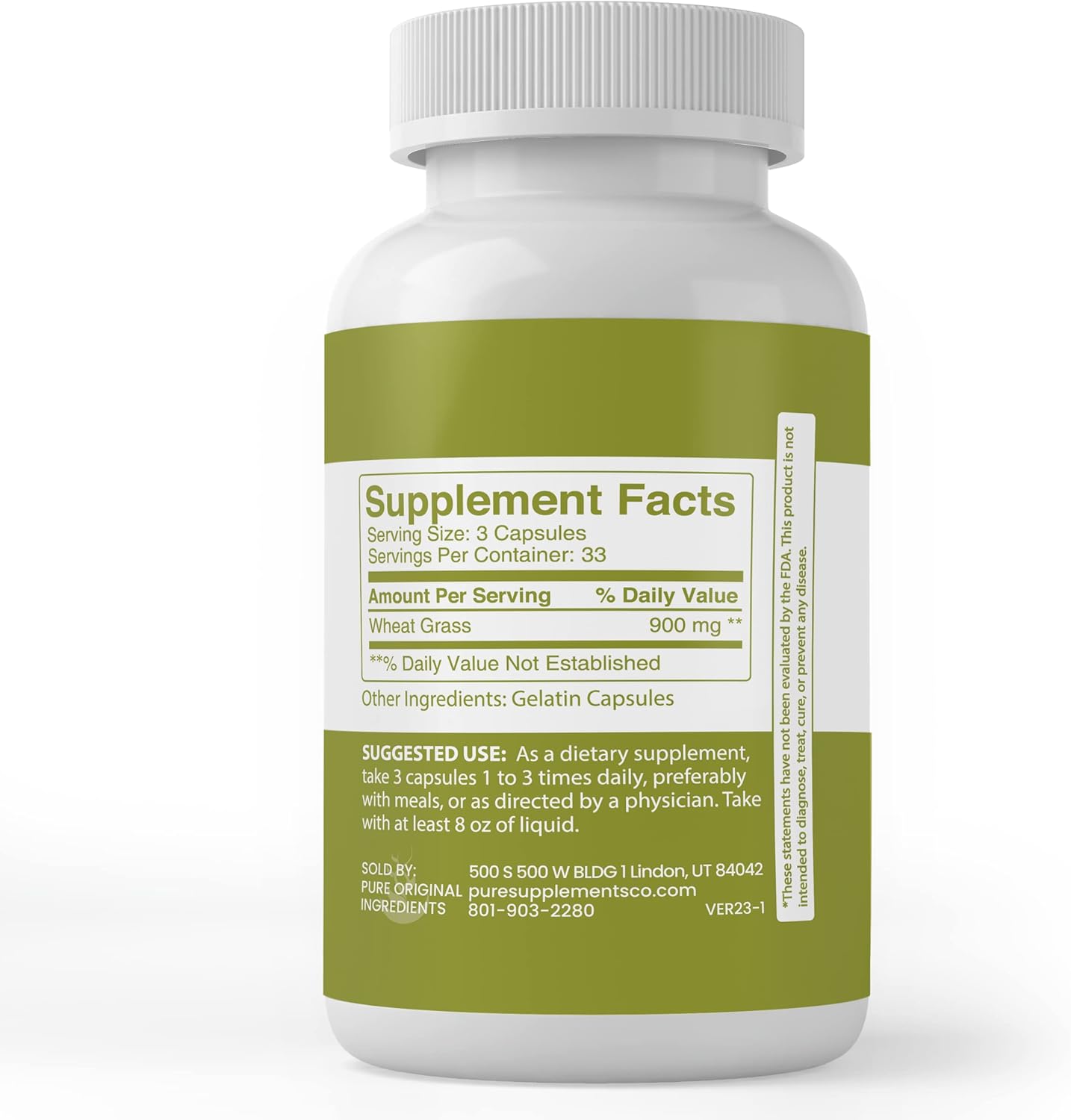 100 Capsules of Pure Wheat Grass - Original Ingredients, Lab Verified, No Additives or Fillers