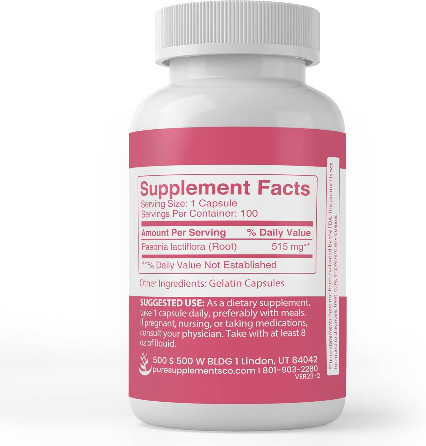 100 Capsules of Pure White Peony Extract - Lab Verified, No Additives or Fillers