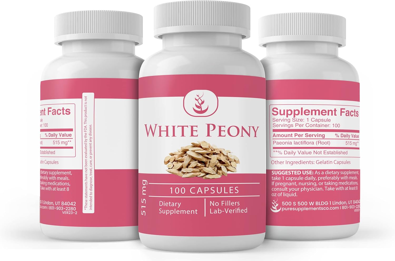 100 Capsules of Pure White Peony Extract - Lab Verified, No Additives or Fillers