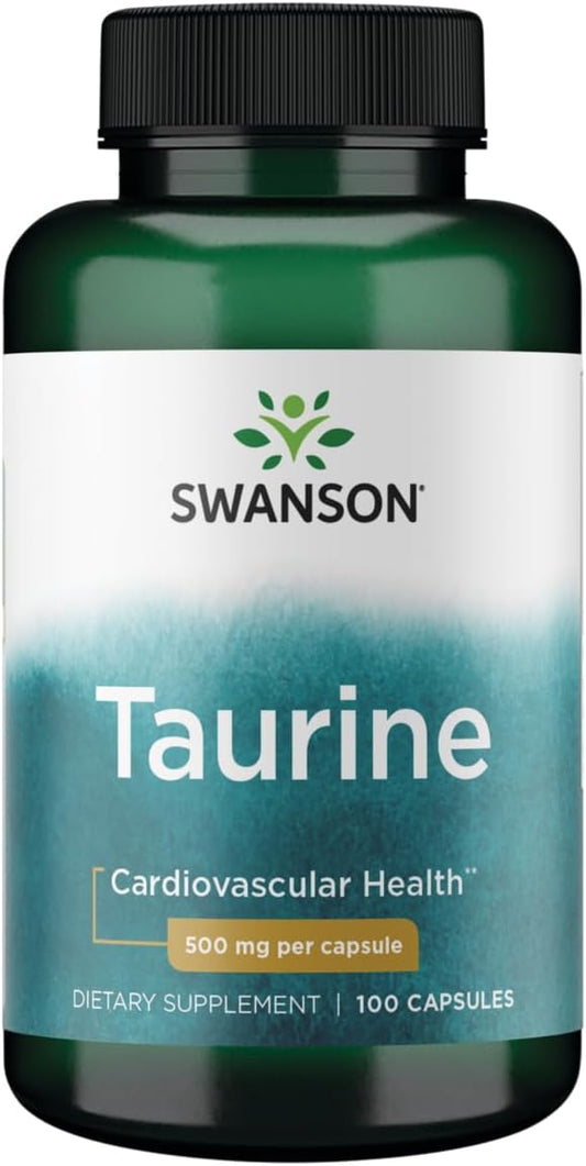 100 Capsules of Swanson Taurine Amino Acid Supplement for Energy Production and Electrolyte Balance, Heart Health and Wellness