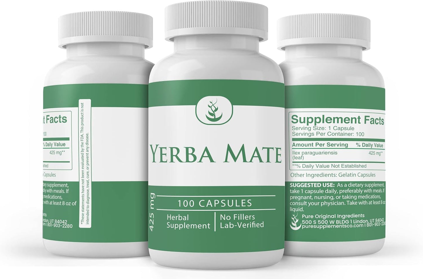 100 Capsules of Yerba Mate with Pure Original Ingredients, Lab Verified and No Magnesium or Rice Fillers