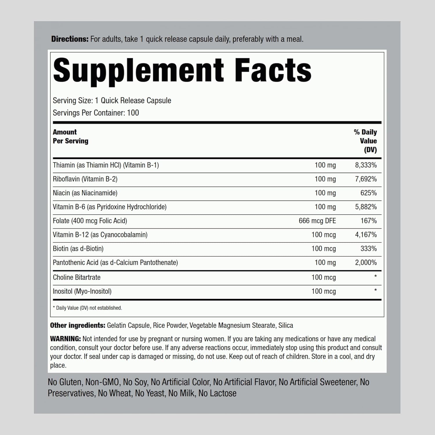 100 Capsules Piping Rock Vitamin B-100 Complex with B12, B1, B2, B6 | Non-GMO, Gluten Free.