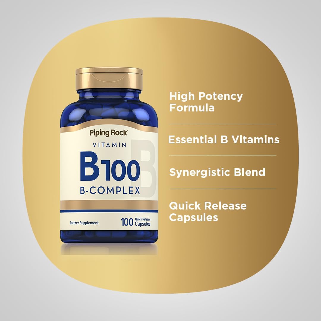 100 Capsules Piping Rock Vitamin B-100 Complex with B12, B1, B2, B6 | Non-GMO, Gluten Free.