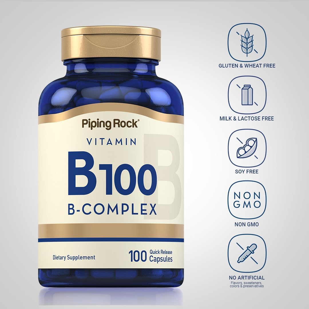 100 Capsules Piping Rock Vitamin B-100 Complex with B12, B1, B2, B6 | Non-GMO, Gluten Free.