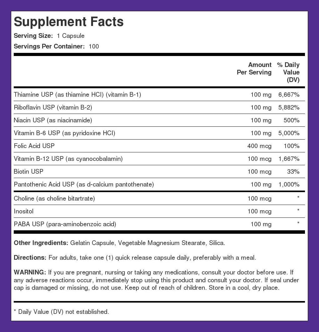 100 Capsules Piping Rock Vitamin B-100 Complex with B12, B1, B2, B6 | Non-GMO, Gluten Free.