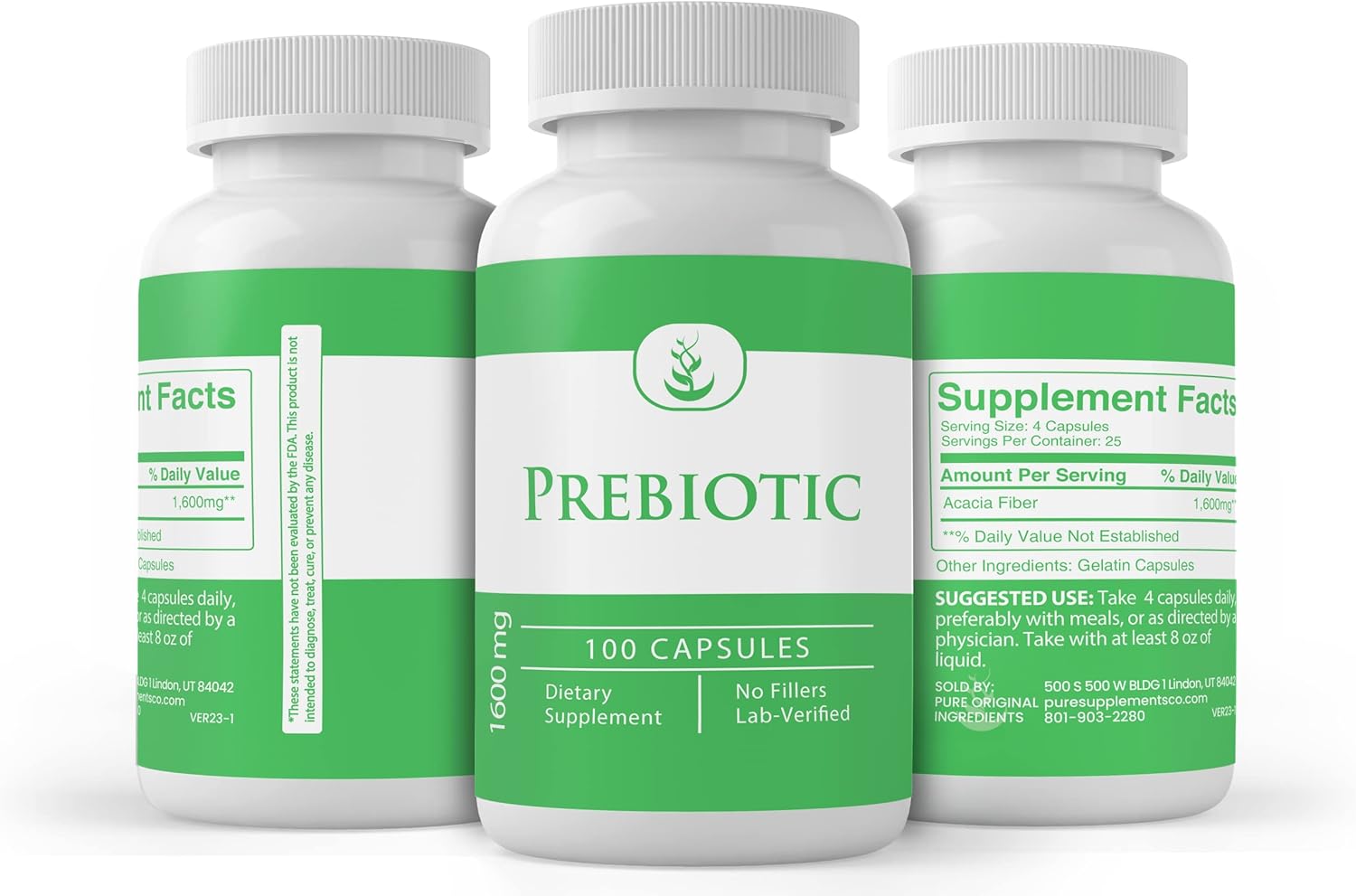 100 Capsules Prebiotic Supplement with Pure Original Ingredients - Lab Verified, No Additives