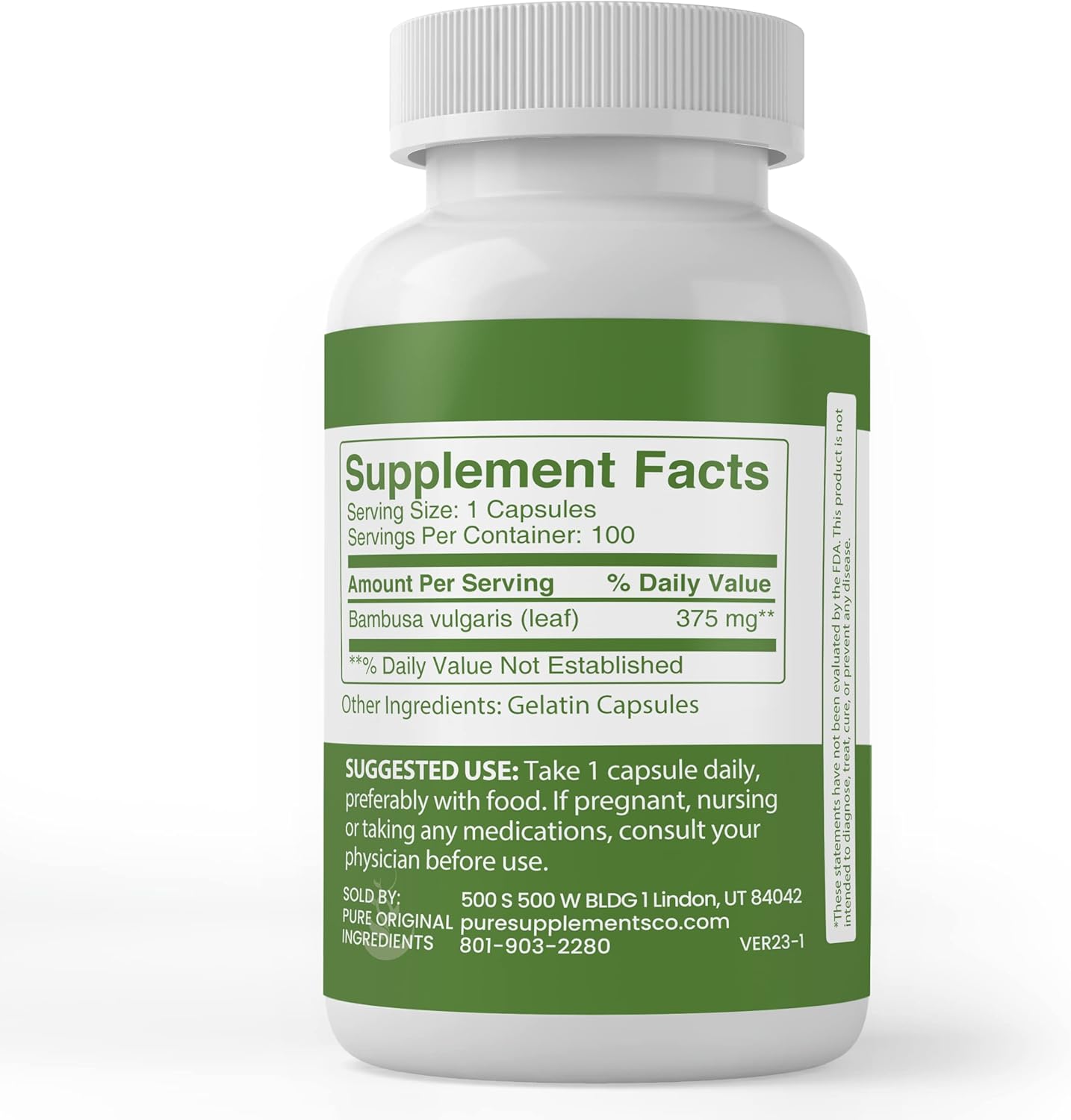 100 Capsules Pure Bamboo Extract with Original Ingredients, Lab Verified, No Additives or Fillers