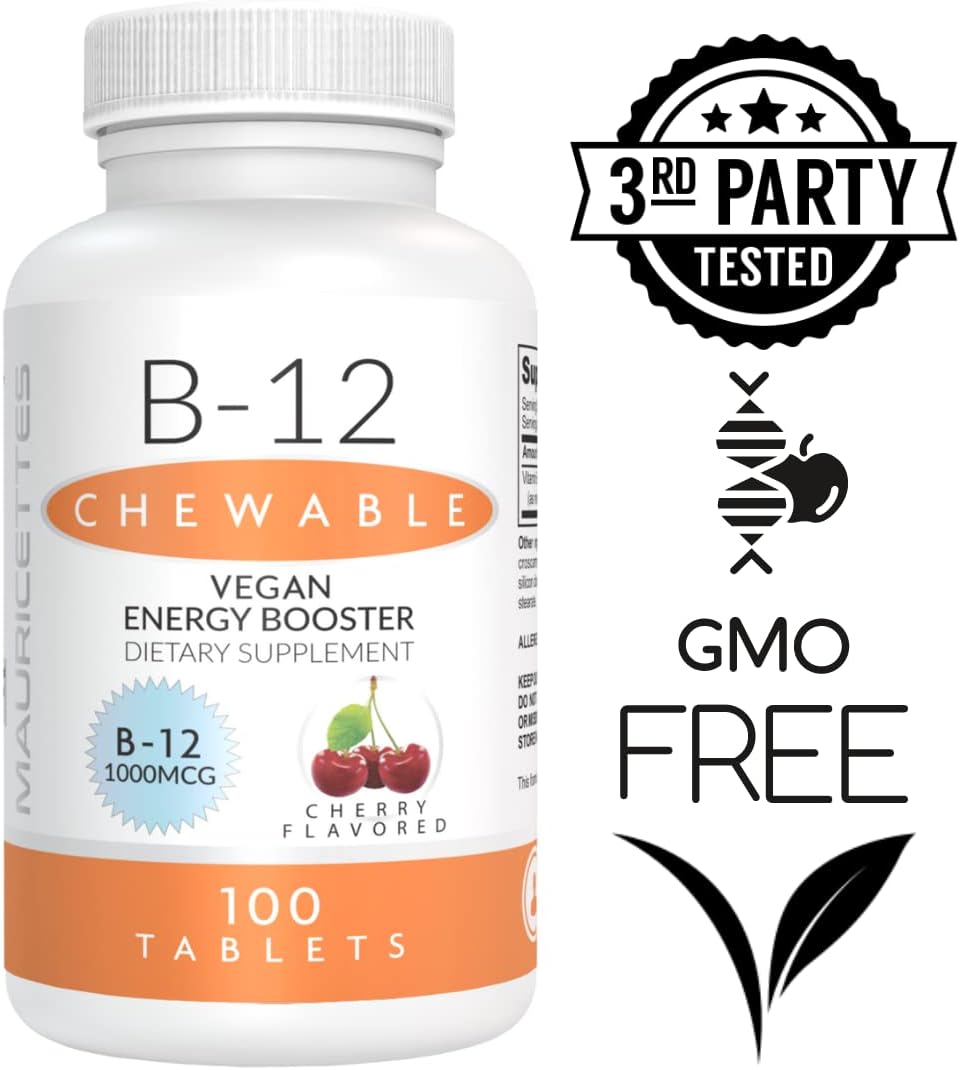 100 Chewable Cherry Tablets of Mauricettes Natural Vitamin B12 Methylcobalamin 1000mcg - Sublingual Energy Support Supplement
