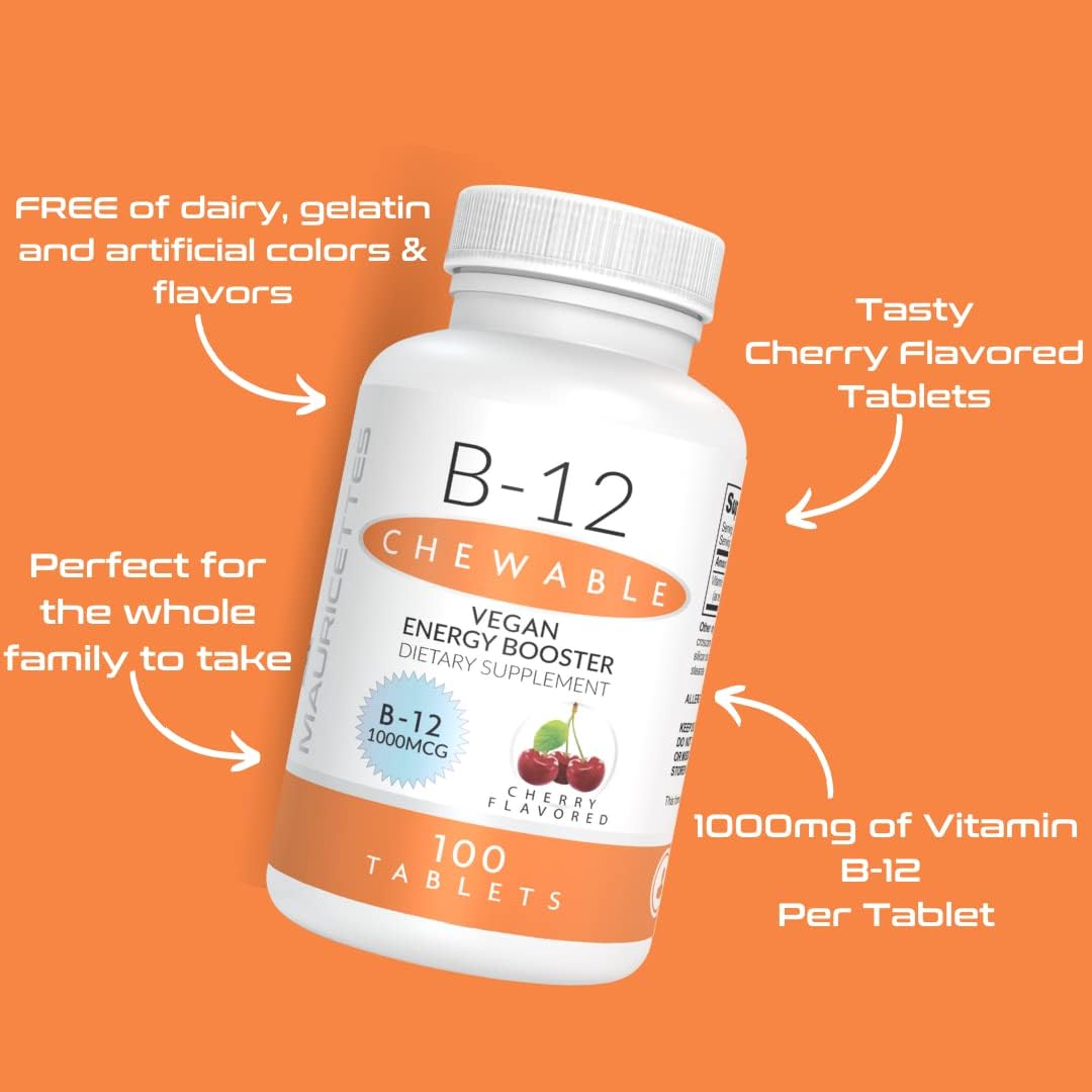 100 Chewable Cherry Tablets of Mauricettes Natural Vitamin B12 Methylcobalamin 1000mcg - Sublingual Energy Support Supplement