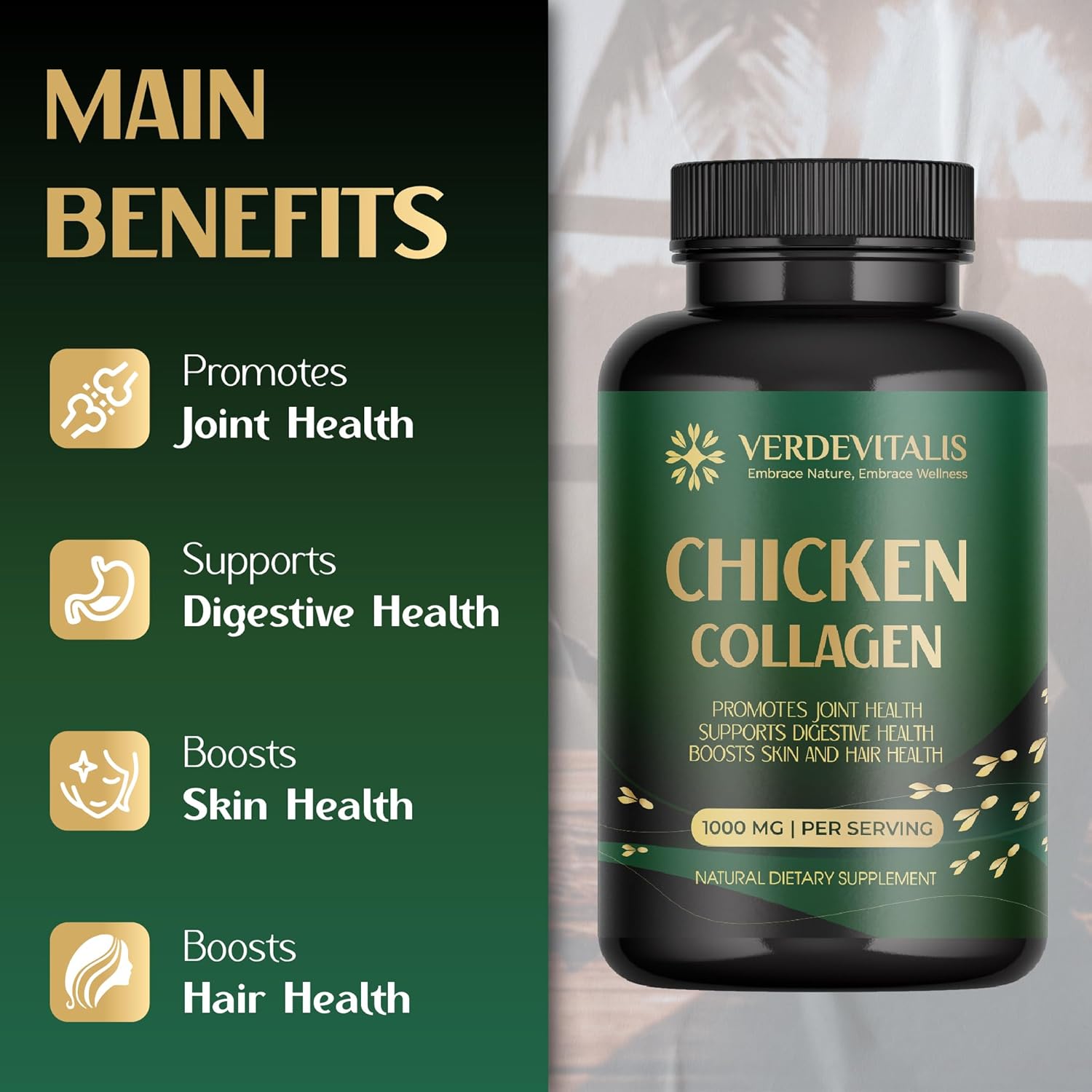 100 Chicken Collagen Capsules - Type II Collagen for Joints, Skin, & Bones - Non-GMO Anti-Aging Supplement with Hydrolyzed Peptides