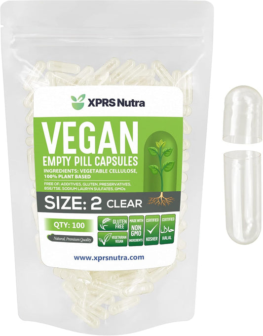 100 Clear Vegan Capsules for DIY Vegetable Pill Filling - XPRS Nutra Size 2 Empty Capsules - Vegetarian Empty Caps Pills