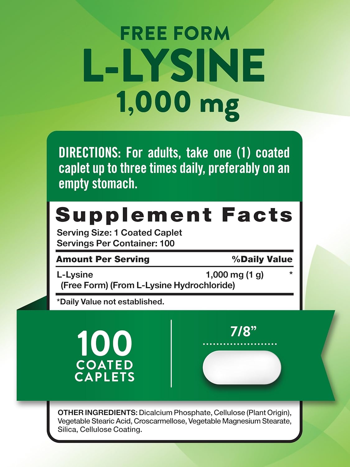 100 Coated Caplets of Nature's Truth L Lysine 1000mg - Essential Vegan Amino Acid Supplement | Non-GMO & Gluten Free